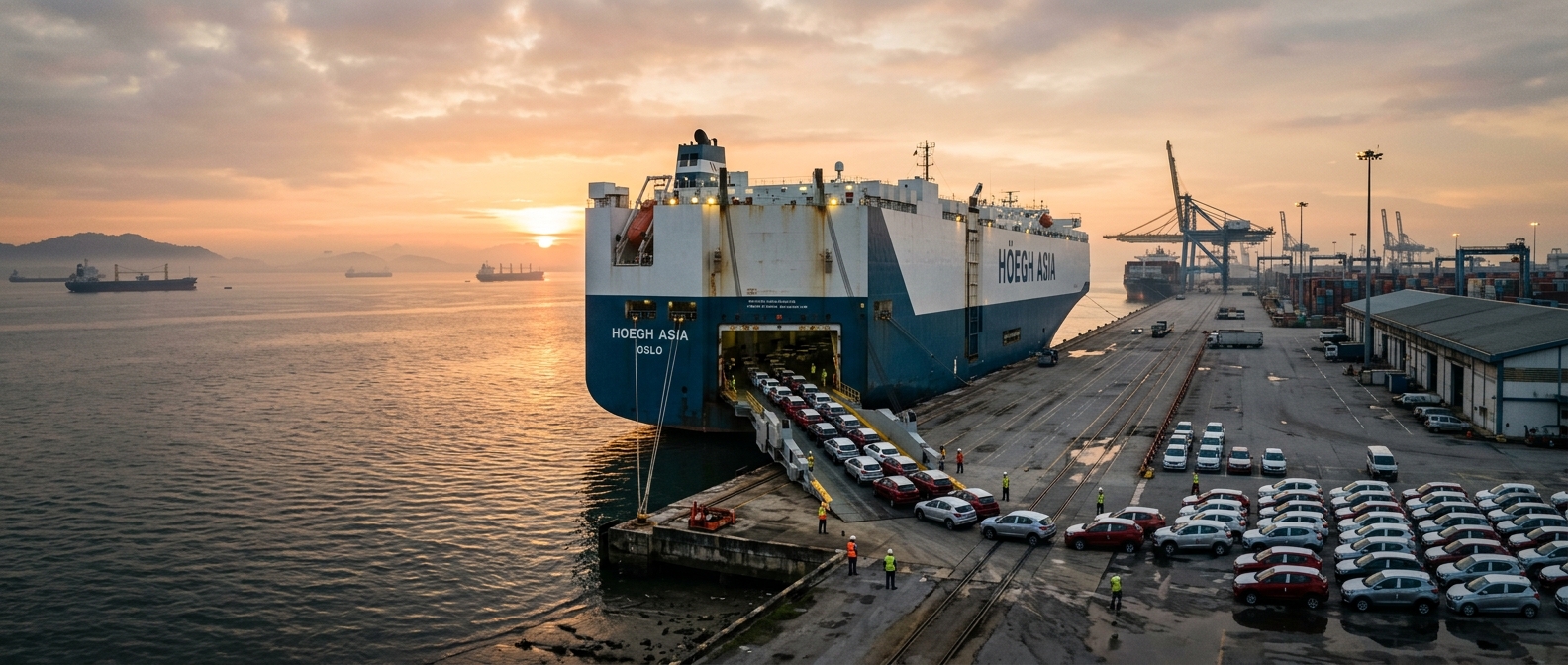 RoRo car carrier loading vehicles at port