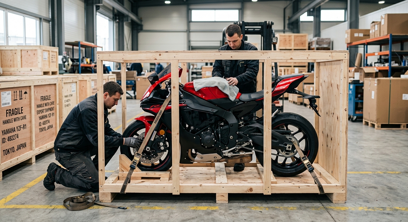 Motorcycle crated and braced for shipping